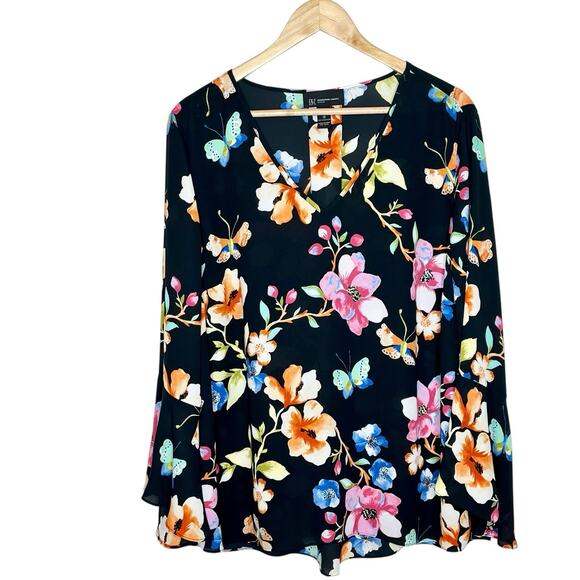 Butterfly Floral Print Top Womens Size 1X Flare Sleeve Chiffon Colorful Nature - Picture 1 of 6